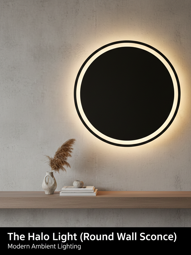 A minimalist black round wall sconce emitting a warm halo ring light on a textured grey wall, creating a modern ambient glow.