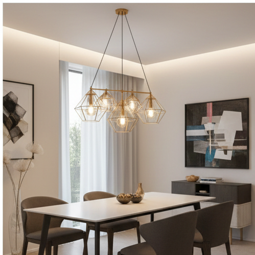 Premium crystal hanging light design for living room with modern gold finish and warm LED glow.