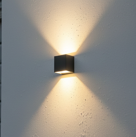 Sleek modern exterior wall light for home entrance with waterproof IP65 rating and dual lighting effect.