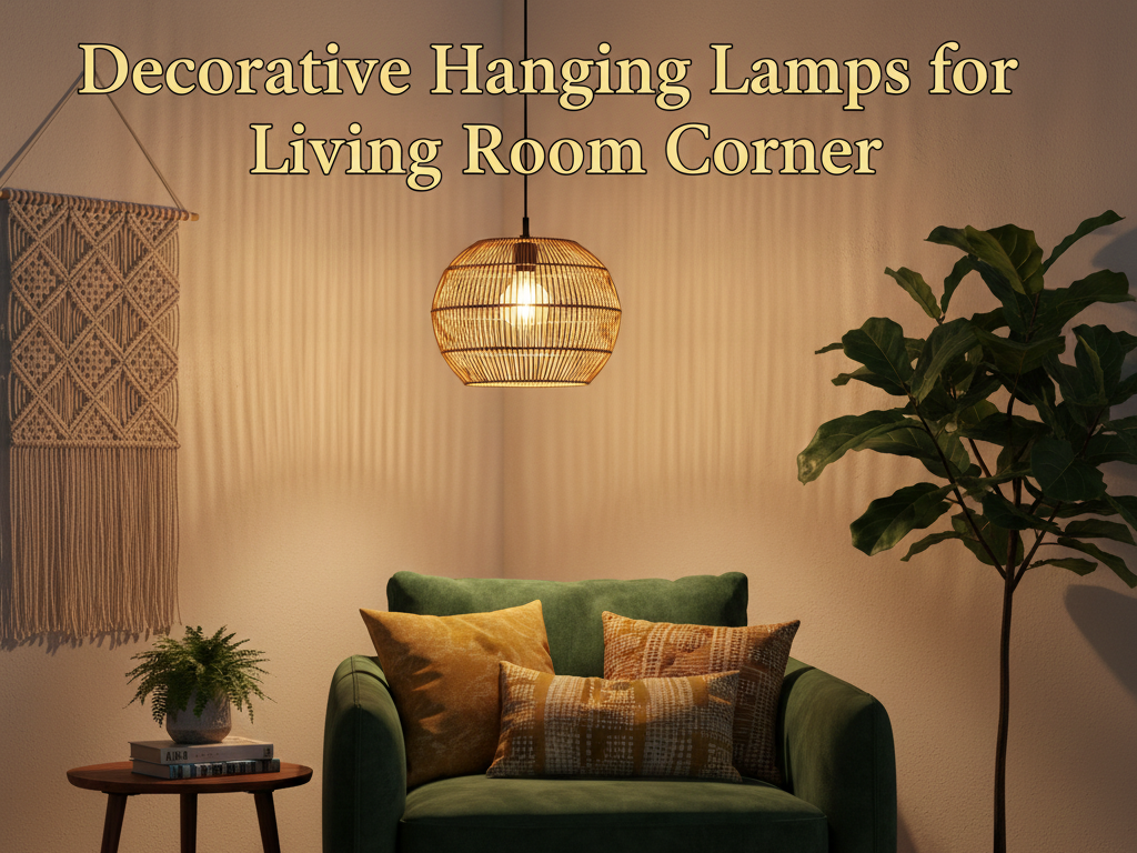 A cozy living room corner featuring a warm glowing wicker hanging lamp above a green velvet armchair with indoor plants