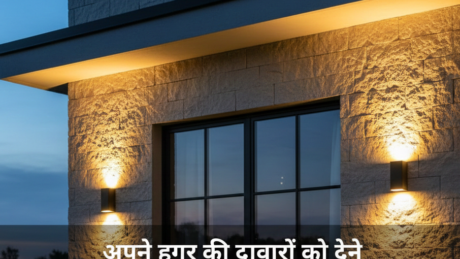 Modern warm white LED up and down lights on a textured stone wall for home exterior decoration.