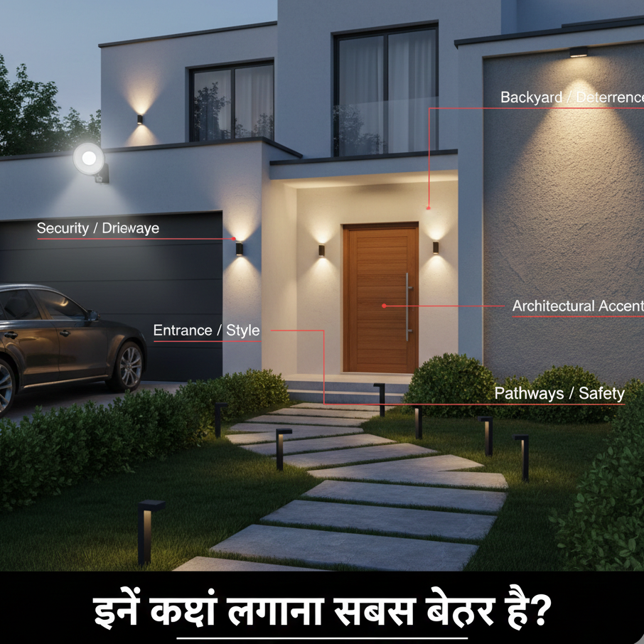 A home exterior guide showing the best placement for outdoor lights: entrance for style, driveway for security, pathways for safety, and backyard for deterrence.