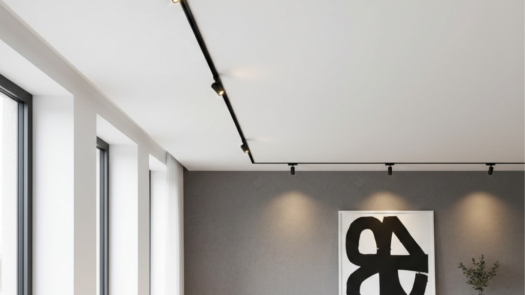 Minimalist black magnetic track lights installed on a white ceiling in a contemporary living room interior.