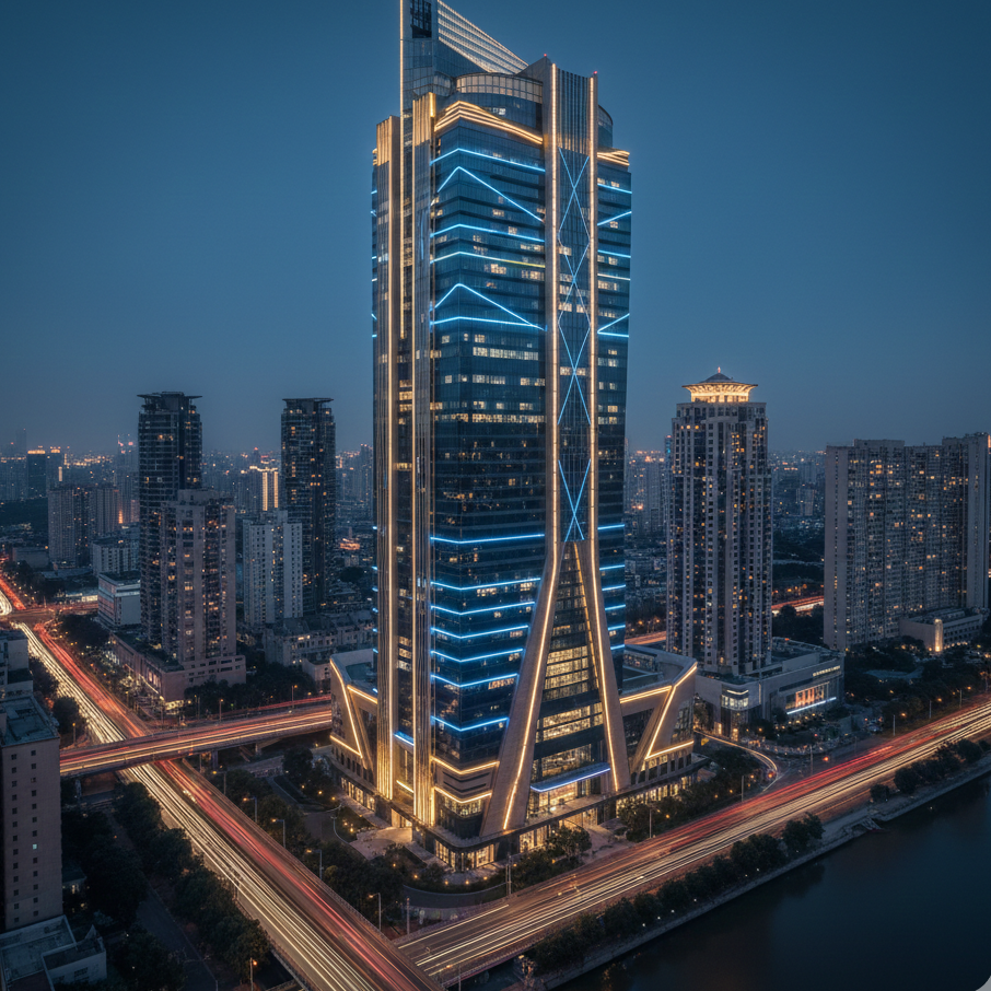 Elegant architectural facade lighting on a contemporary building exterior with warm LED accents.