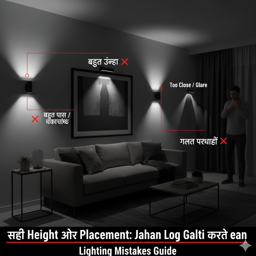 A comprehensive guide showing common lighting placement mistakes like too high, too close, and bad shadows, with correct measurements for wall sconces (67 inches/5.5 ft).
