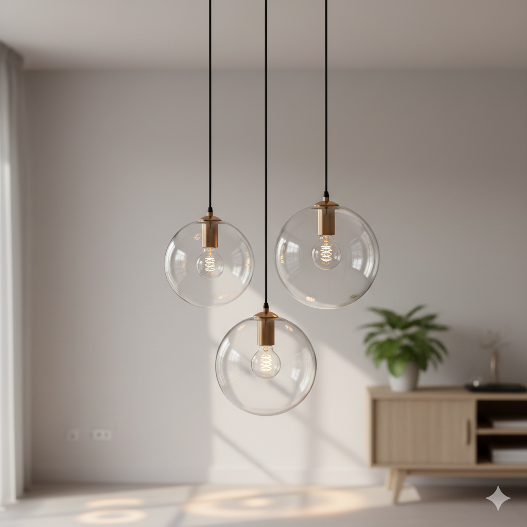 Three elegant minimalist clear glass globe pendant lamps with Edison bulbs hanging in a bright modern living room