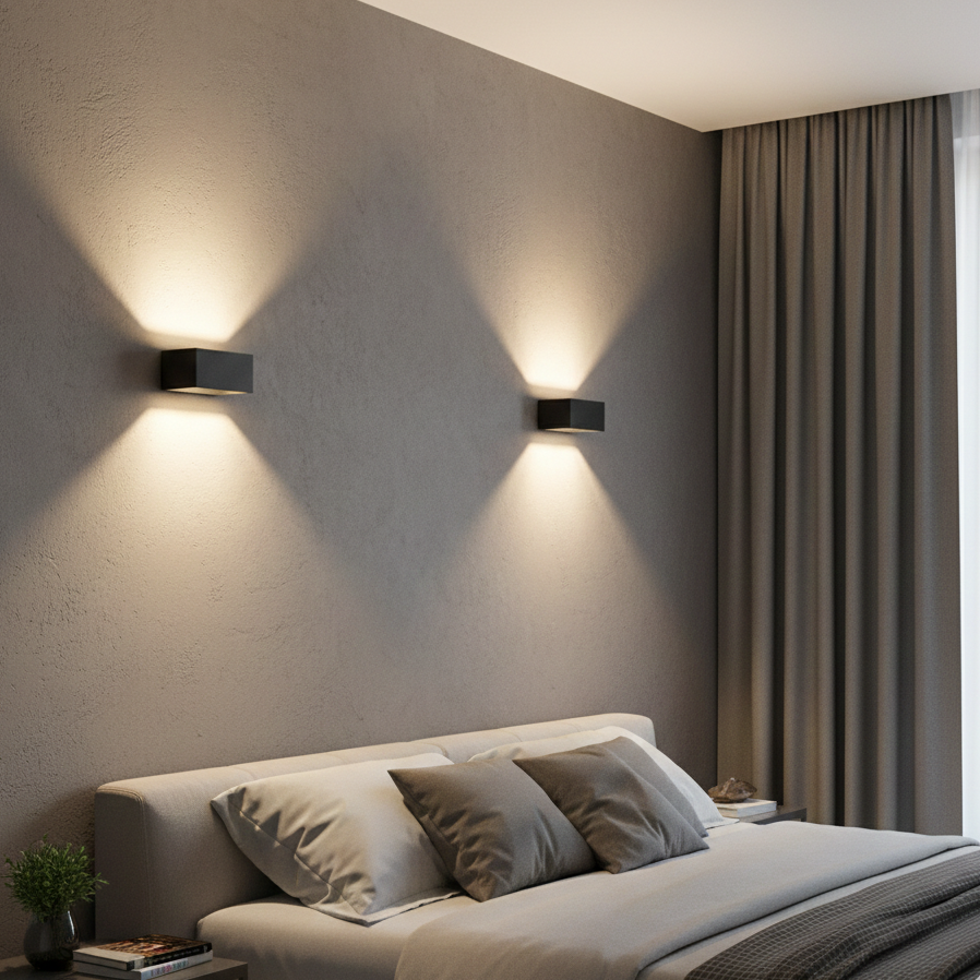 A stylish black up-and-down LED wall light casting beautiful light patterns on a bedroom wall, perfect for creating a luxury hotel-like atmosphere.