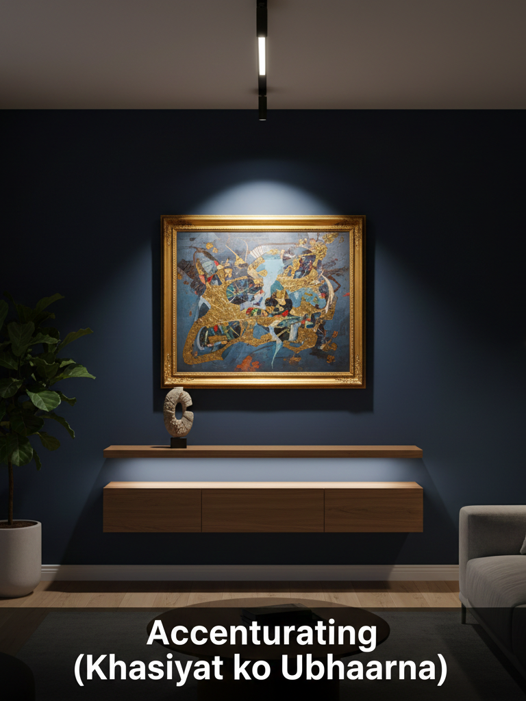 Accent lighting highlighting a beautiful wall painting and decorative artifacts in a modern living room interior.