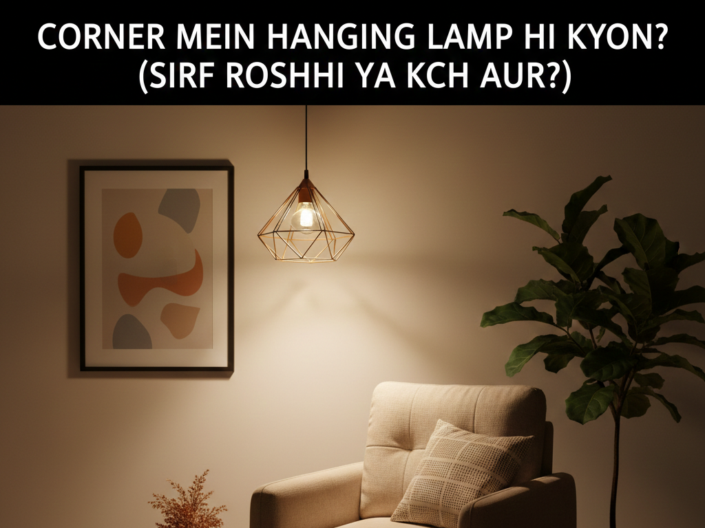 Modern geometric rose gold hanging lamp creating a cozy reading nook in a room corner with a beige armchair and aesthetic wall art