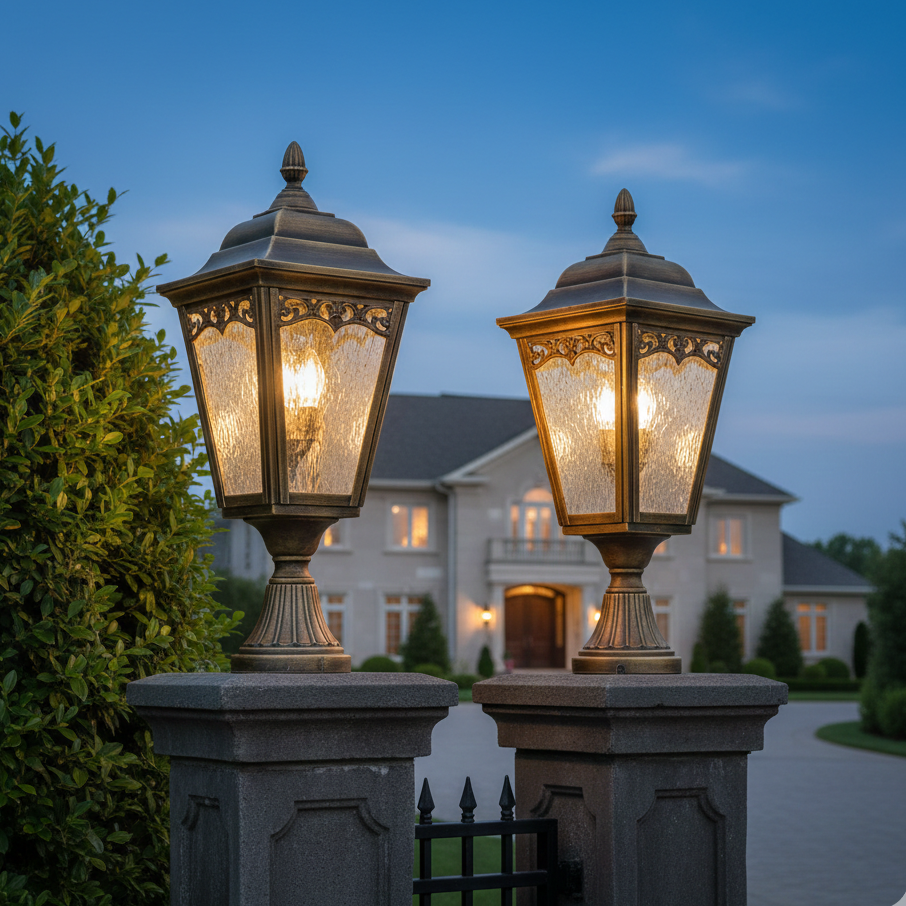 Classic antique brass gate pillar lights installed on luxury stone pillars at a house entrance.