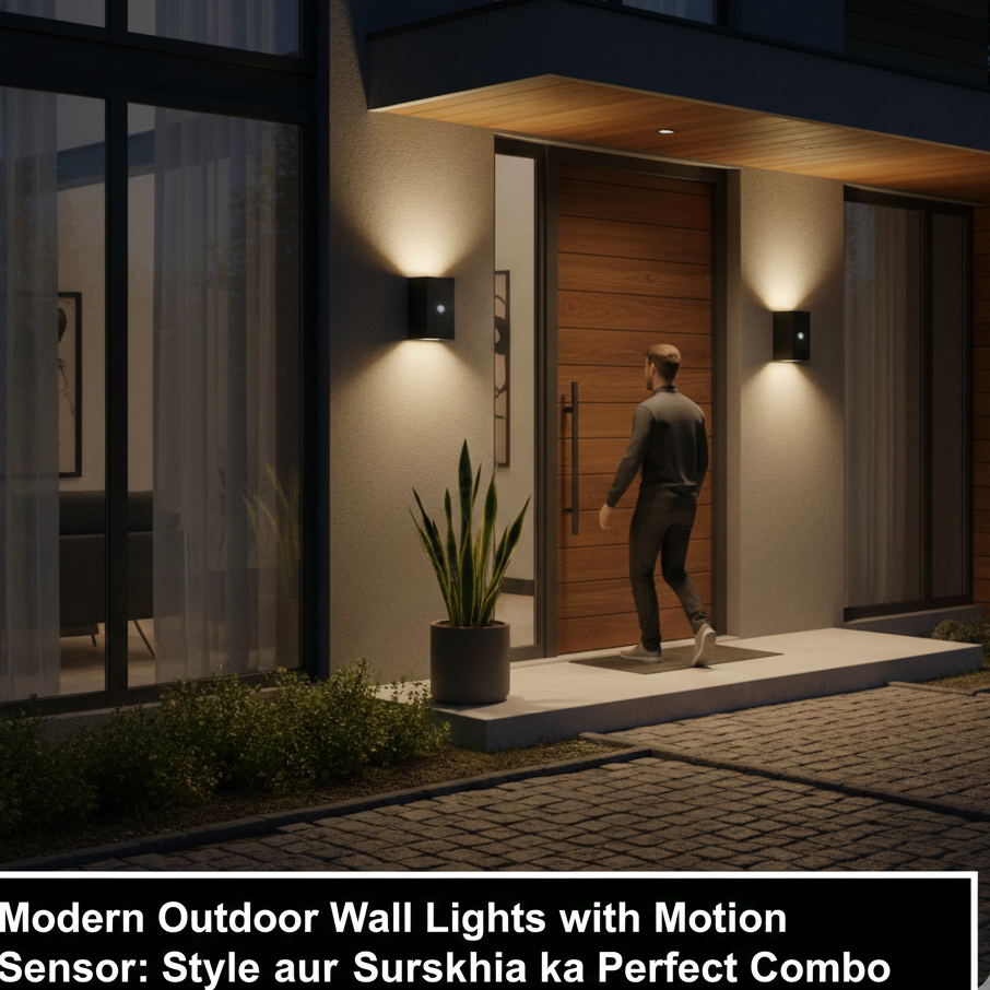 Modern black outdoor wall lights with motion sensors installed at a house entrance for style and security.