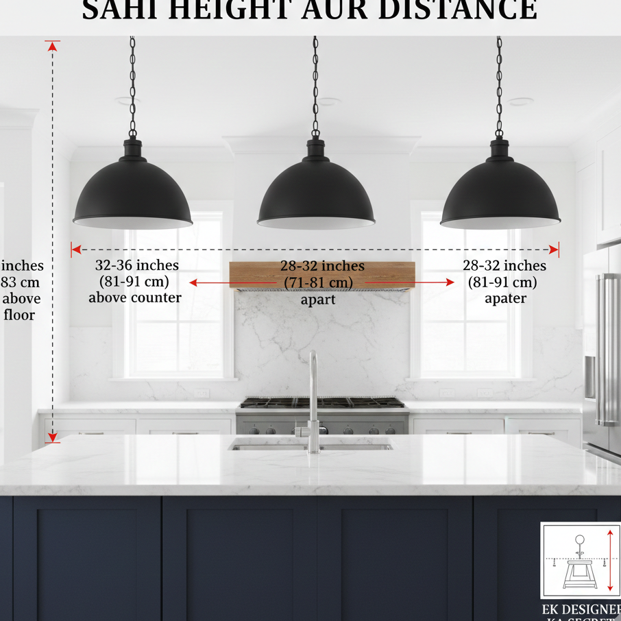 Designer guide showing correct height of 30-36 inches for pendant lights above a kitchen island with spacing measurements