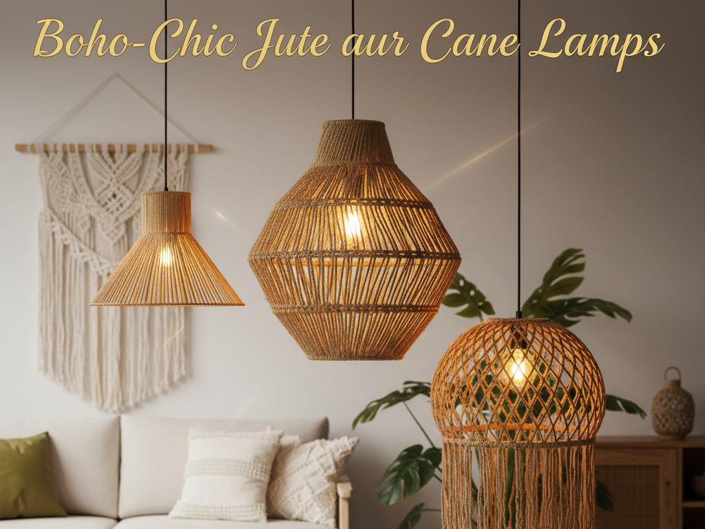 Three different styles of boho-chic jute and cane hanging lamps glowing in a minimalist white living room with a macrame wall hanging