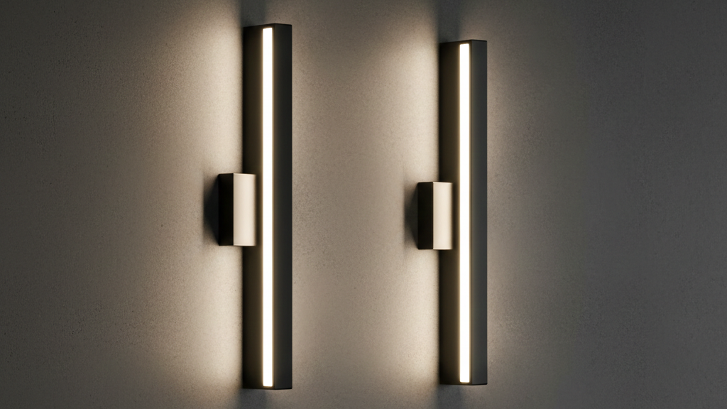 Minimalist monochromatic black wall sconce light fixture on a grey textured wall, perfect for modern indoor lighting.