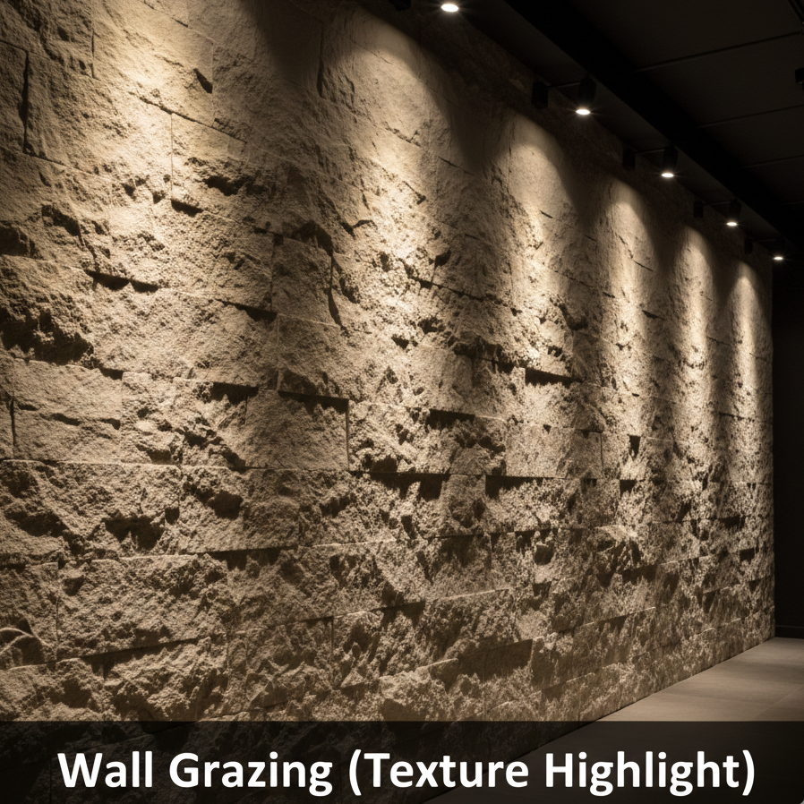 Wall grazing lighting technique highlighting the rough stone texture of an interior wall with focused LED beams.
