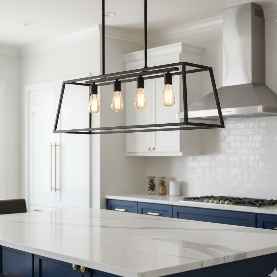 Industrial black linear cage pendant light with four Edison bulbs hanging over a white marble kitchen island