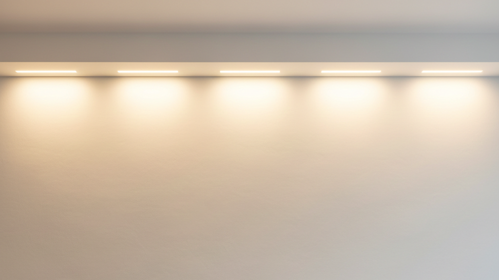 Minimalist interior with wall washing lighting effect creating a uniform warm glow on a white wall above a sofa.