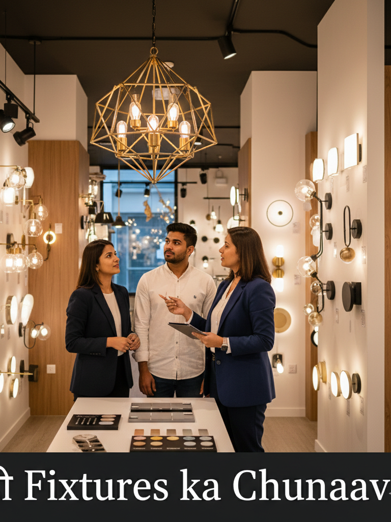Customers choosing the right lighting fixtures in a modern showroom with various LED wall and ceiling lights.