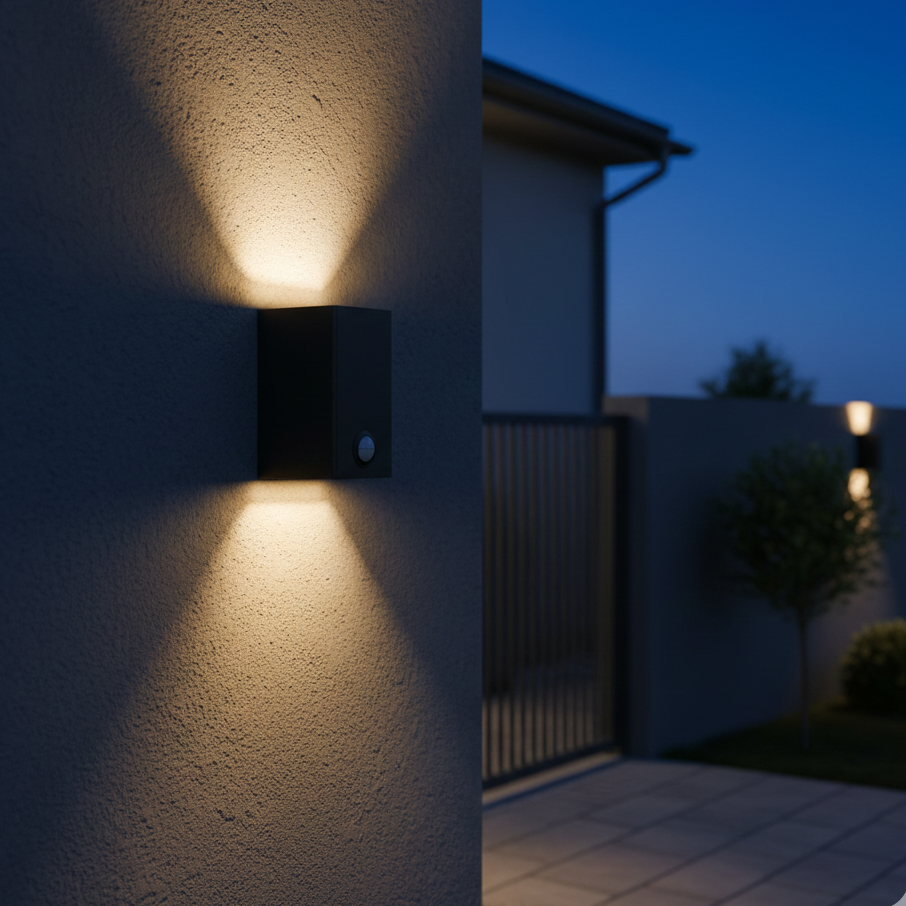 Modern LED outdoor wall sconce with motion sensor installed on an exterior wall, providing smart security lighting for home.