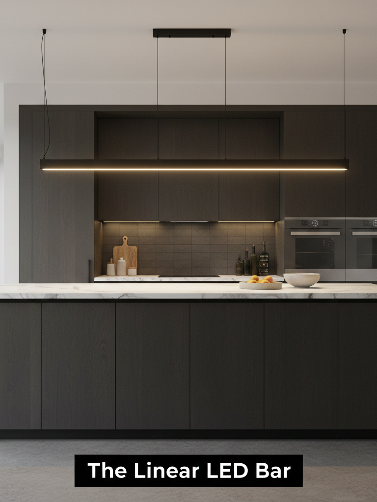 A sleek black linear LED bar hanging above a modern kitchen island with minimalist dark cabinetry and marble countertop.