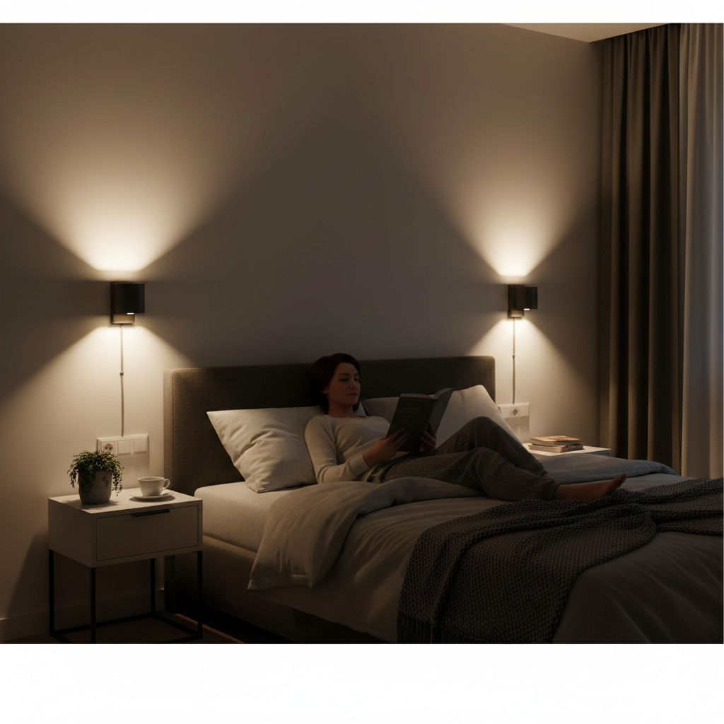 A cozy bedroom setup showing why wall lamps are essential, featuring warm side lighting that saves space and creates a relaxing reading environment.