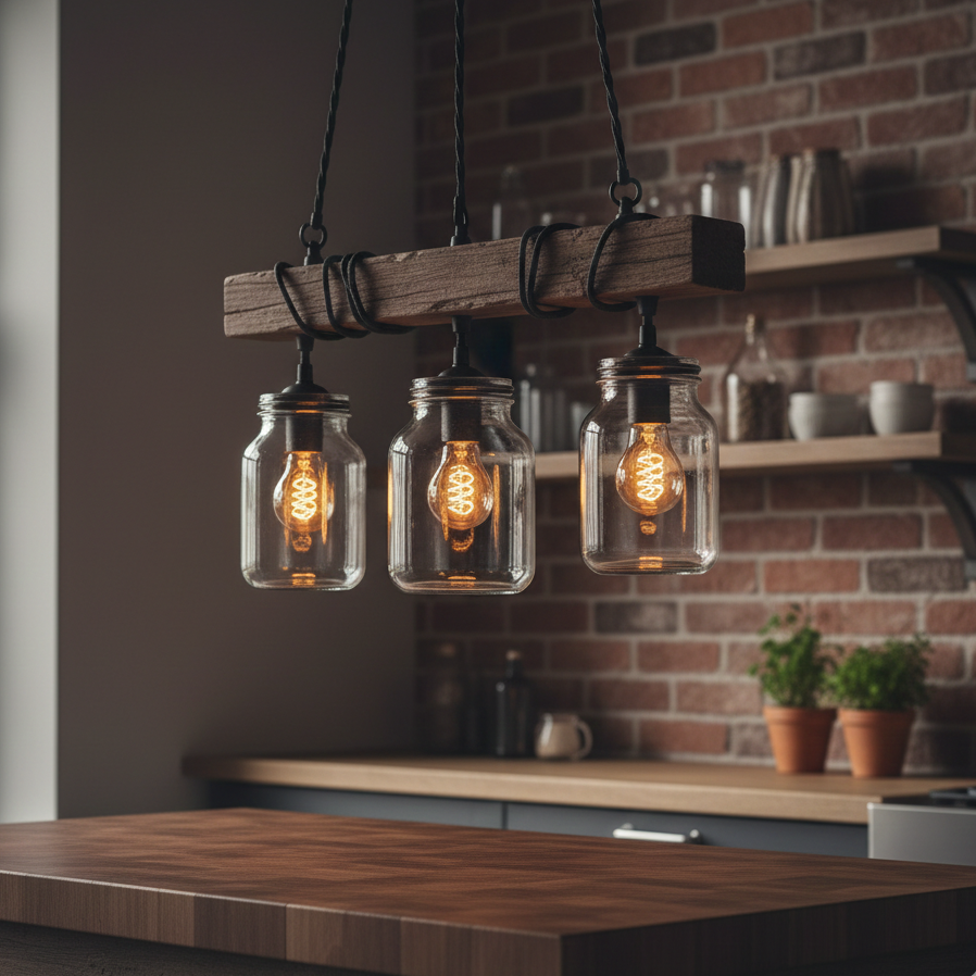 Three vintage glass jar pendant lights with glowing Edison bulbs hanging over a wooden kitchen island