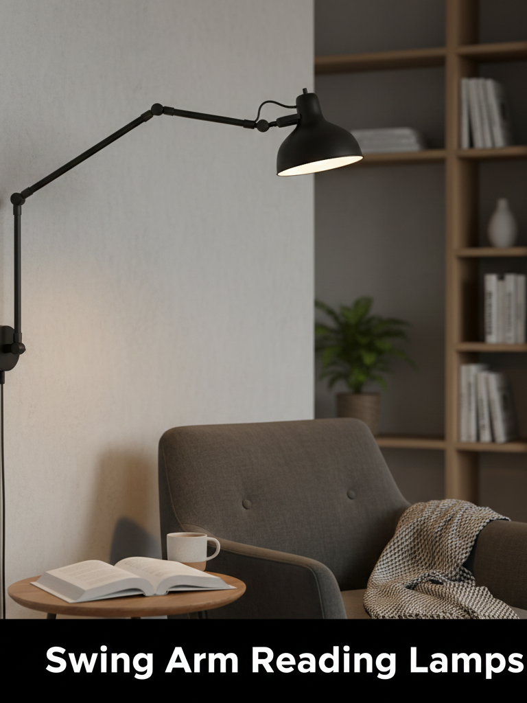 A matte black adjustable swing arm reading lamp mounted on a wall, providing focused light over a cozy armchair and a book in a modern room.