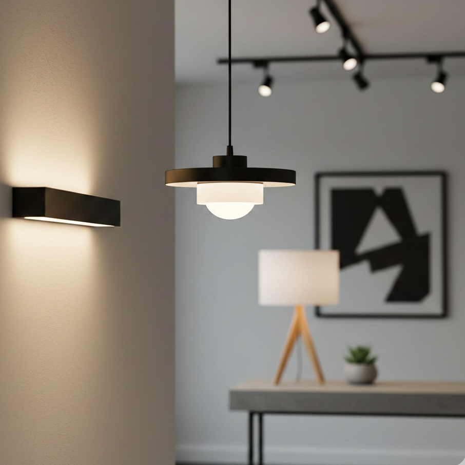 Modern minimalist indoor lighting fixtures featuring a black pendant lamp and wall light in a clean living room interior.