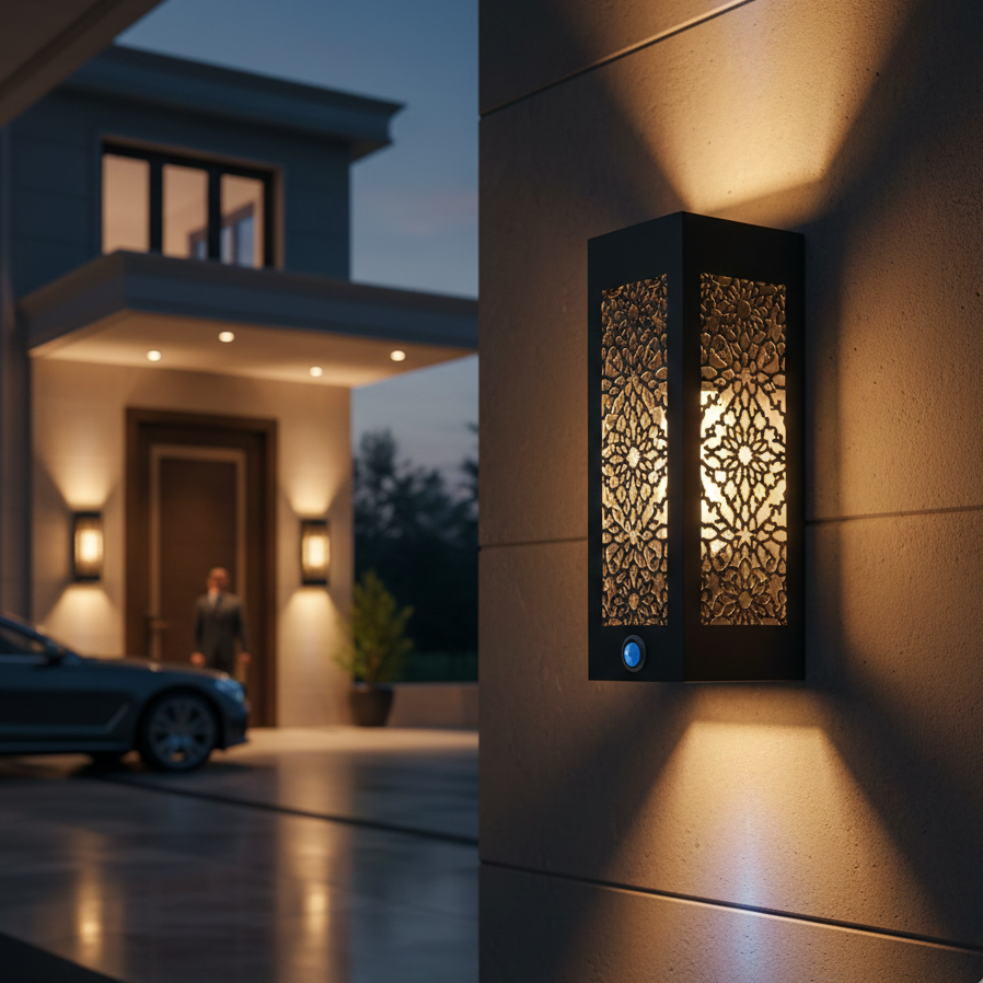 Elegant black wall-mounted LED light with intricate pattern and smart motion sensor installed on a luxury home exterior at night