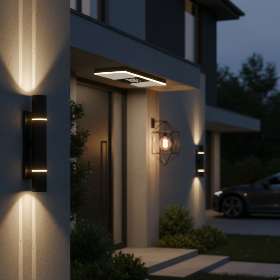 Latest 2026 design trends for outdoor LED wall sconces featuring sleek black finishes and minimalist geometric shapes for a luxury home exterior.