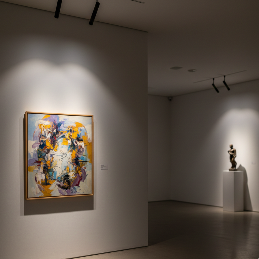 Modern black track focus lighting highlighting an abstract painting on a gallery wall