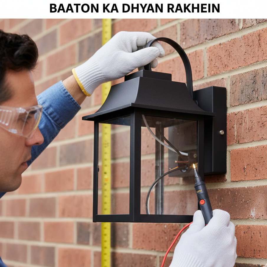 An electrician wearing safety gloves and glasses installing a black outdoor wall light on a brick wall, checking voltage with a tester