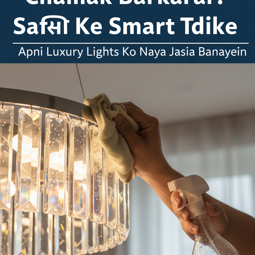 A person cleaning a luxury crystal hanging light with a spray bottle and microfiber cloth to maintain its shine and new look.