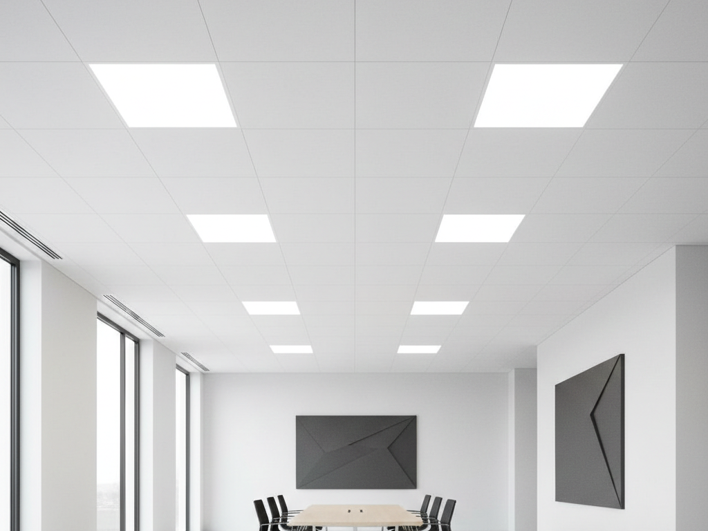 Modern recessed slim LED panels installed in a minimalist white ceiling for bright indoor lighting.