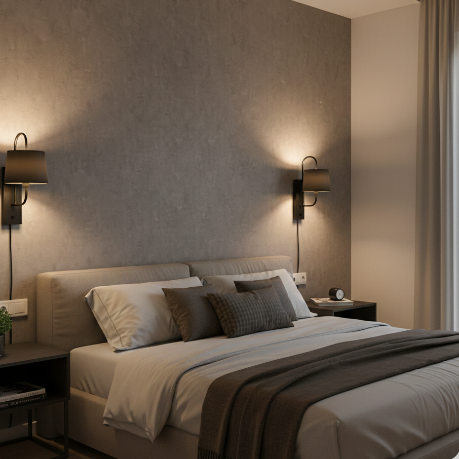 Modern decorative wall lamps with warm lighting installed on a bedroom wall, creating a cozy and luxury retreat atmosphere.