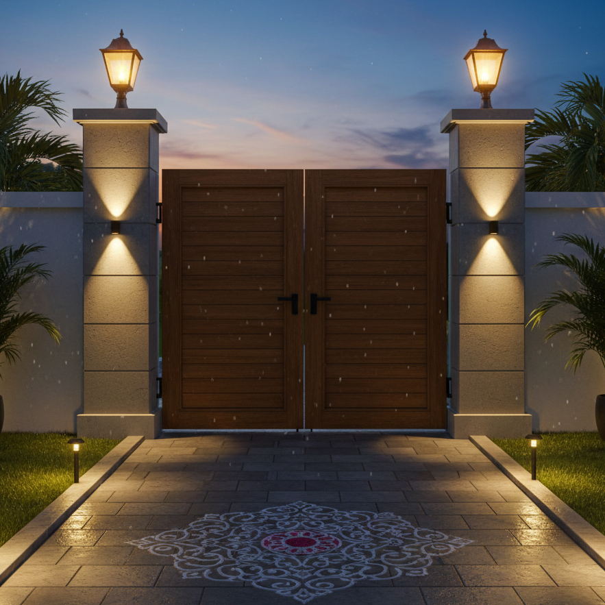 Modern waterproof main gate light design for home entrance featuring pillar lamps and up-down LED wall lights, enhancing security and curb appeal.