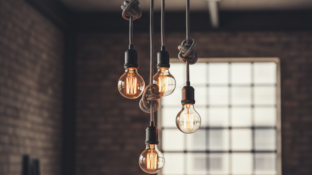 Minimalist industrial bare bulb pendant light featuring a decorative textile cable in a modern interior setting.