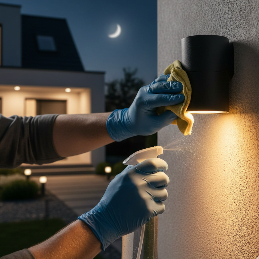 A person cleaning the lens of an outdoor LED sensor light with a microfiber cloth to ensure better motion detection and brightness.