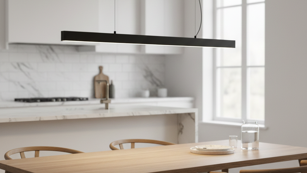 Minimalist black linear pendant light hanging in a modern living room, high-quality indoor lighting fixture.