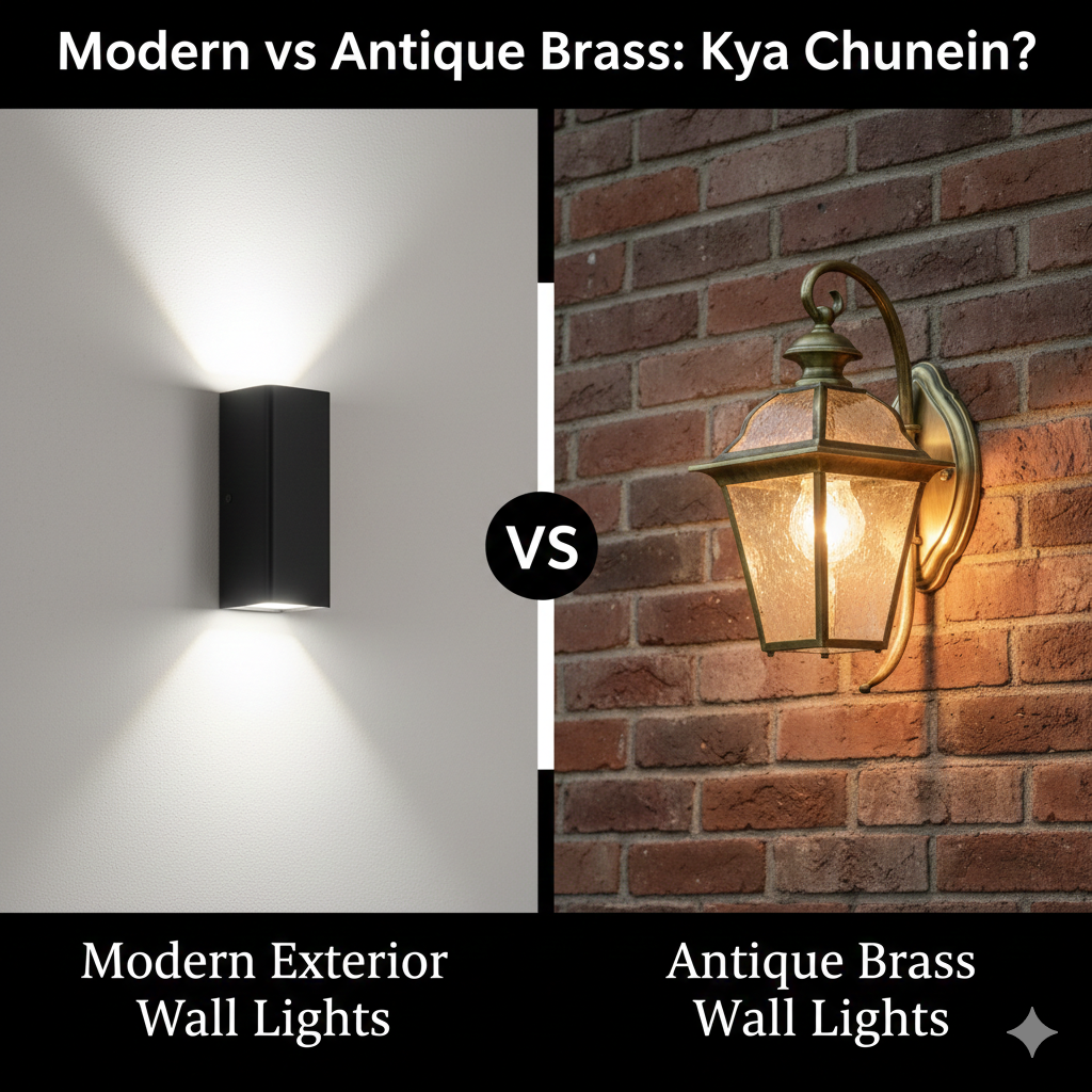 A side-by-side comparison of a sleek modern black exterior wall light and a classic antique brass outdoor lamp on a house wall.