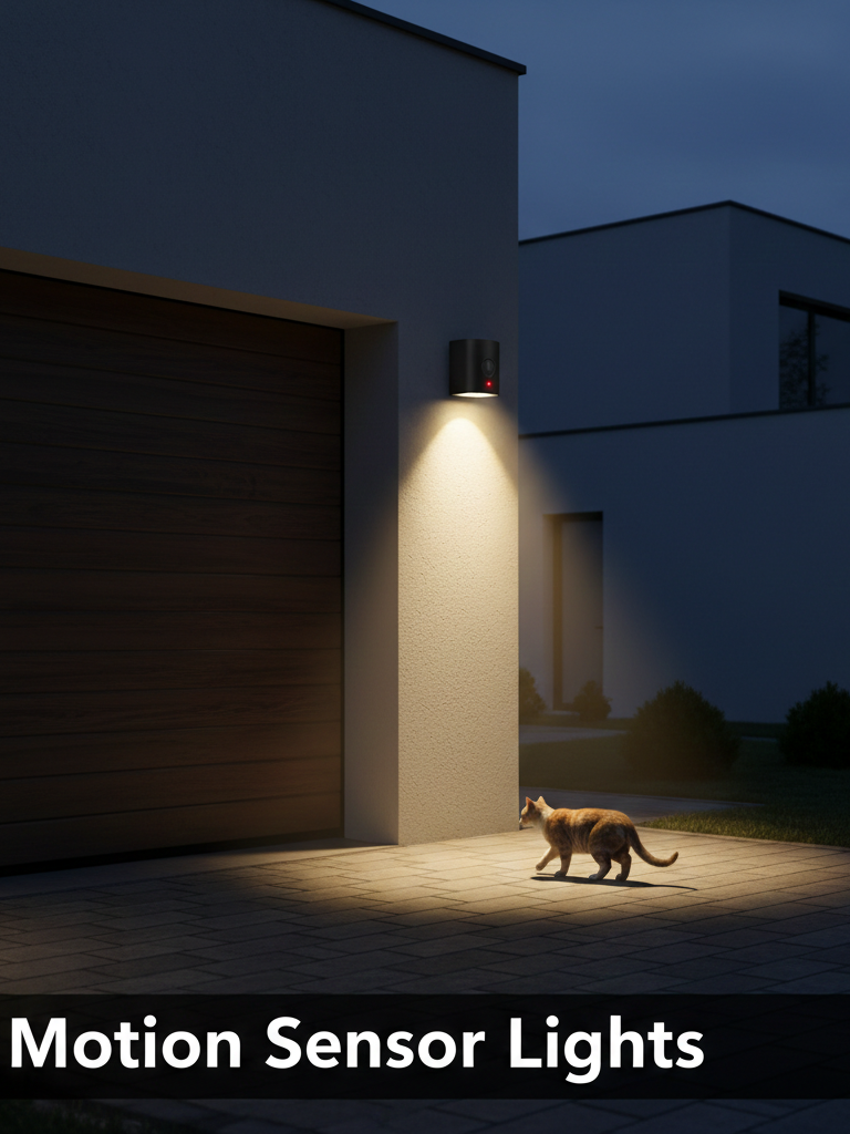 Automatic motion sensor light illuminating a driveway at night when a pet passes by, showing home security in action.