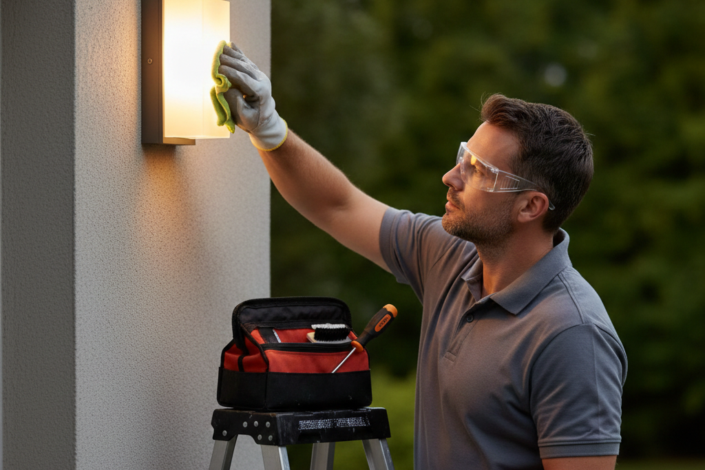Ek professional person ghar ki outdoor wall lights ki safai aur maintenance karte hue tools ke sath.