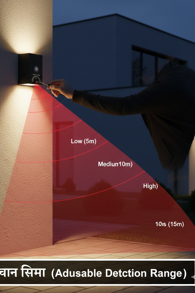 A technical illustration showing a person adjusting the detection range of a motion sensor wall light, featuring distance indicators like Low, Medium, and High.