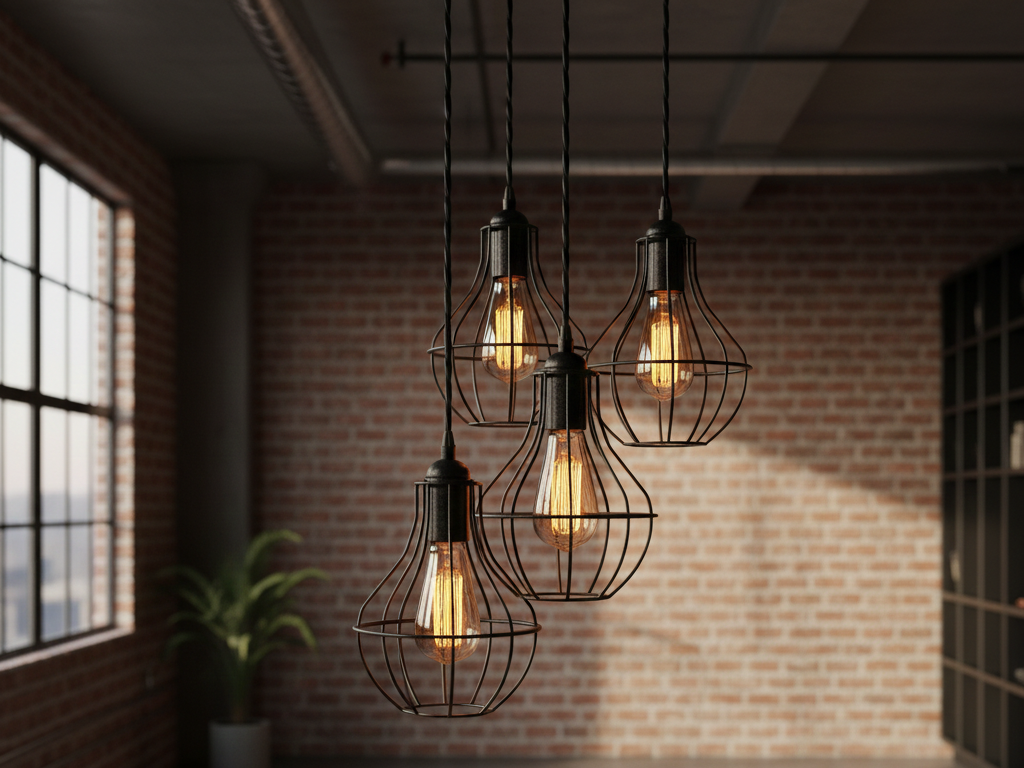 Group of black metal industrial cage pendant lights with vintage Edison bulbs hanging over a wooden table in a brick wall loft.