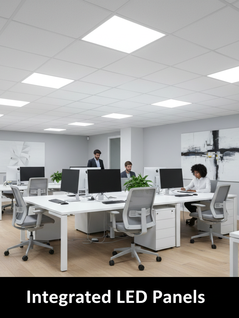 Professional office space featuring sleek integrated square LED panels in a grid ceiling for bright, uniform lighting.