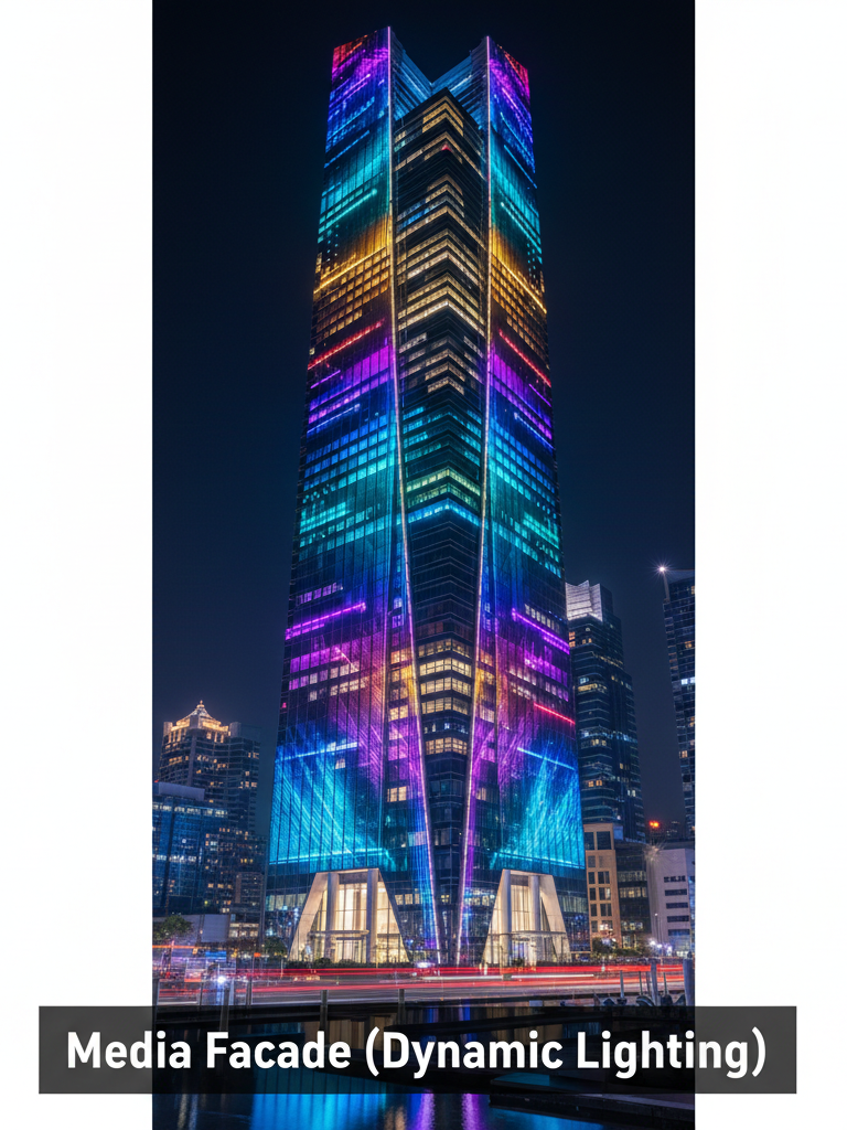 A high-rise skyscraper displaying a colorful dynamic media facade with vibrant LED patterns at night.