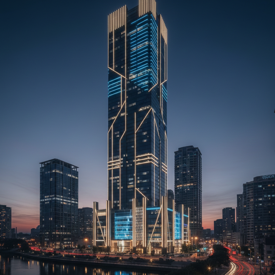 Elegant skyscraper facade lighting with golden and blue LED highlights at night, reflecting on water.