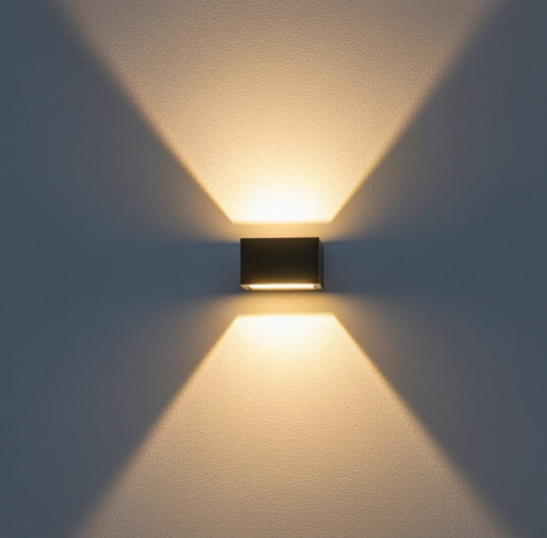 Luxury up and down wall lights for home exterior creating V-shape light pattern on walls.